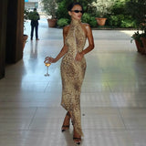 Cryptographic Fashion Halter Leopard Sexy Backless Maxi Dress Women Club Outfits Bandage Embellished Long Dresses Robe Clothes